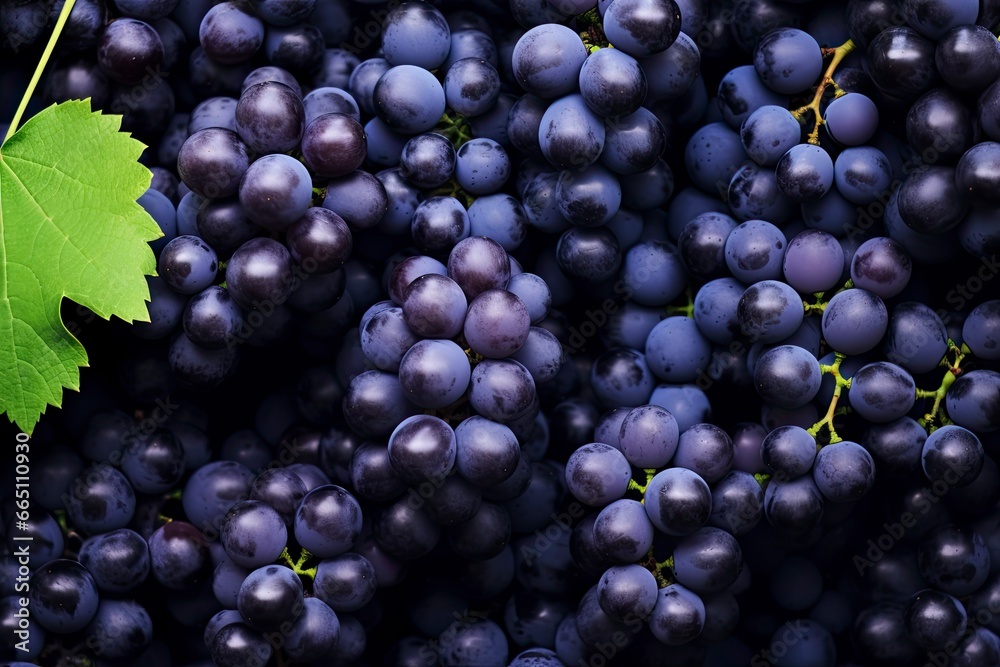 Flat lay background of vines, lots of organic blue dark grapes.