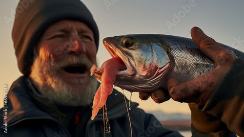 A fisherman's weathered hands expertly removing a hook from the mouth of a striking rainbow trout, emphasizing catch and release practices