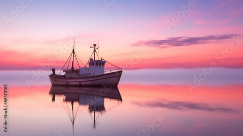 A stunning shot of a fishing boat sailing on glassy waters at dawn, with the sky painted in shades of pink and orange, setting the scene for a perfect day of angling