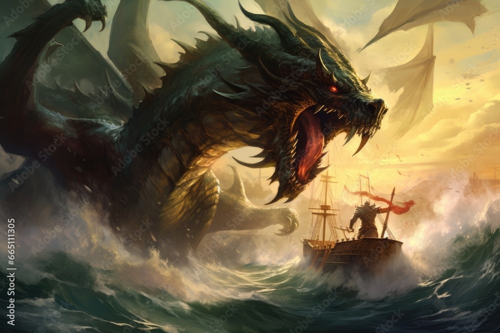 A fierce dragon wreaking havoc on a brave ship sailing the treacherous seas