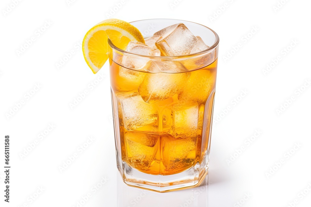 A glass of orange soda water with ice cubes on white background. A glass of orange soda water with ice cubes on white background.