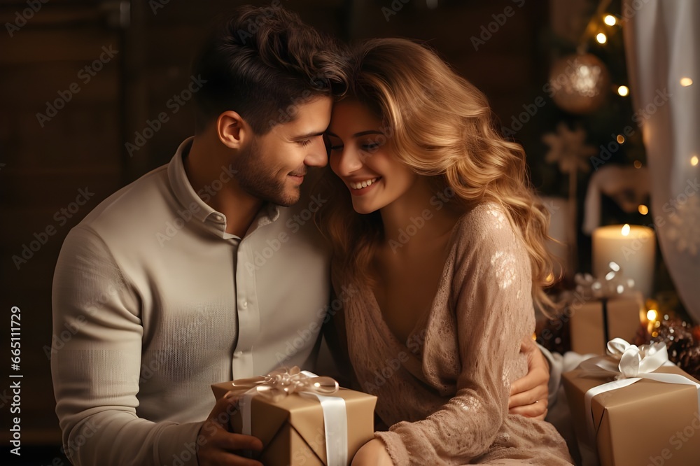 happy beautiful young couple with christmas gifts .cozy festive atmosphere. generative ai happy beautiful young couple with christmas gifts .cozy festive atmosphere. generative ai