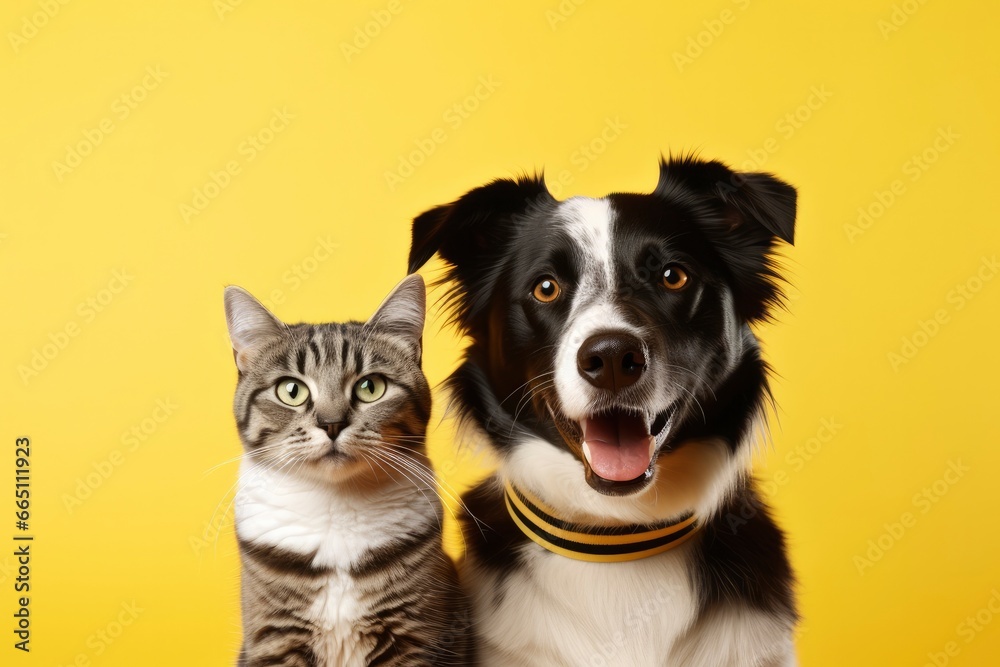  Cat and dog together with happy expressions on yellow background.