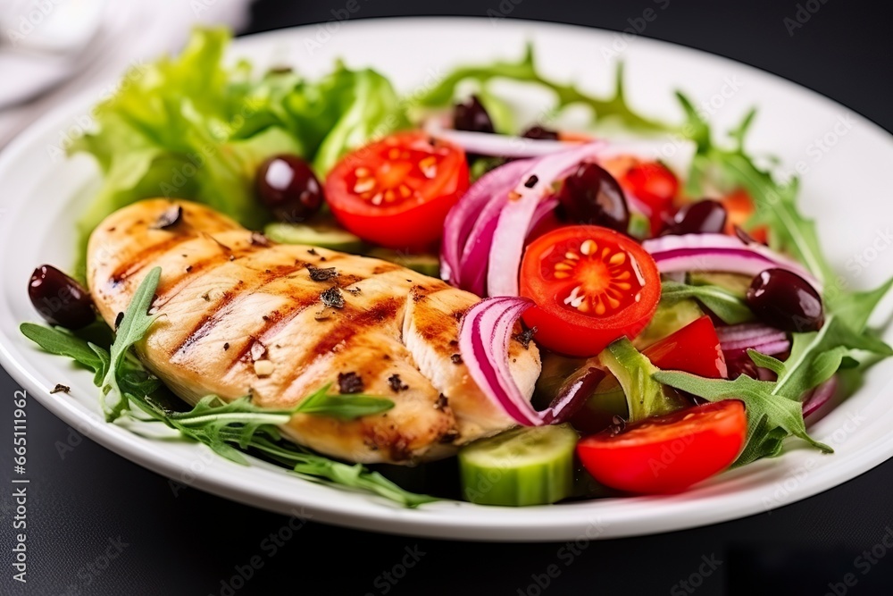 Grilled chicken breast with tomatoes, red pepper, organic green and kalamata olives. Grilled chicken breast with tomatoes, red pepper, organic green and kalamata olives.