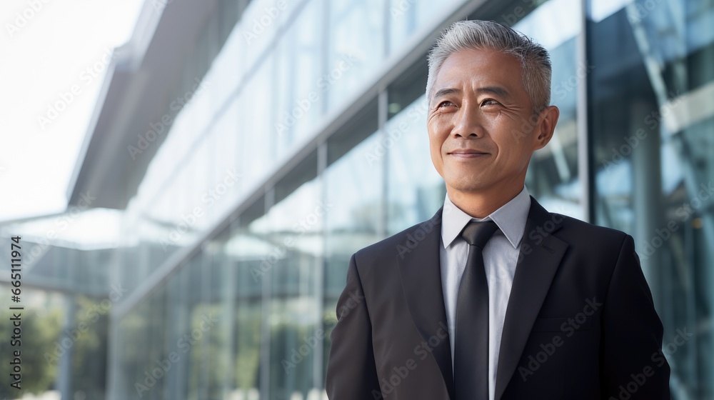 Portrait of a senior Asian businessman in front of a modern corporate glass building