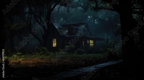 Fototapeta Naklejka Na Ścianę i Meble -  A wooden house at night with glowing windows. An old haunted house in a dark forest. Mystical scene. Halloween. Illustration for cover, postcard, greeting card, interior design, decor or print.