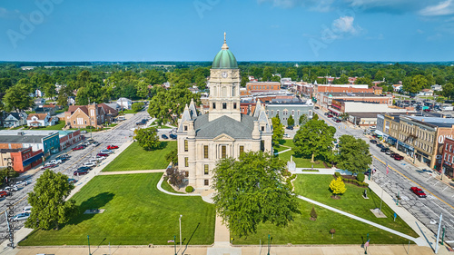 Sunny aerial Whitley County courthouse in downtown Columbia city