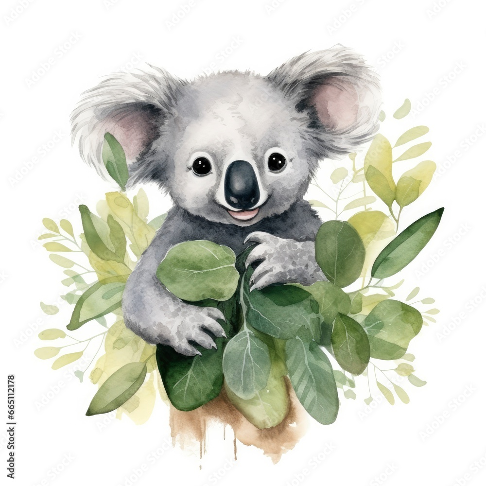 Happy cute koala in leaves in the watercolor style on the white background. Happy cute koala in leaves in the watercolor style on the white background.