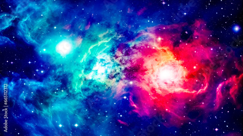 Colorful space filled with lots of stars and bright blue and red star.