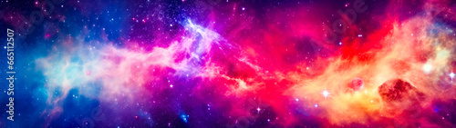Colorful space filled with stars and bright red and blue star in the center.