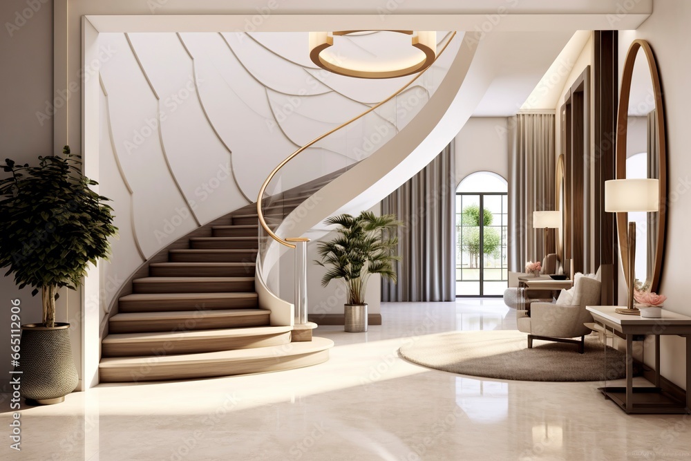 The interior design of the modern entrance hall with a staircase in the villa. - obrazy, fototapety, plakaty 
