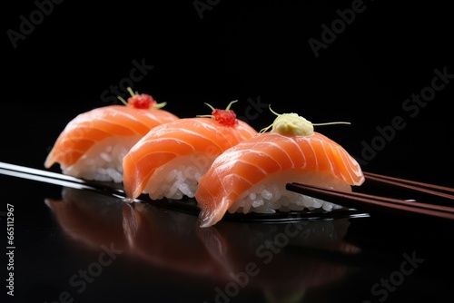 A delicious assortment of sushi served with chopsticks on a sleek black background