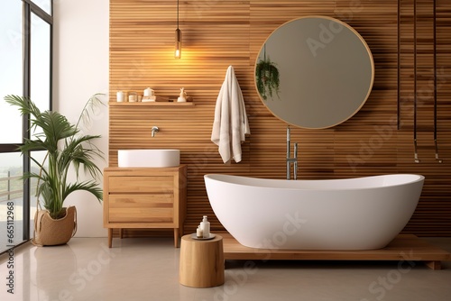 Interior of stylish bathroom with wooden cabinet  sink  bathtub  and mirror.