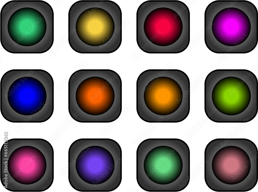 zwölf verschiedenfarbige buttons vor grauem hintergrund in 3D-optik, modernes abstraktes design, sammlung von logos zwölf verschiedenfarbige buttons vor grauem hintergrund in 3D-optik, modernes abstraktes design, sammlung von logos