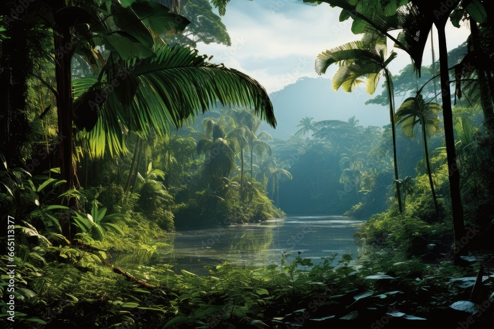 Naklejka premium A serene river flowing through a vibrant jungle landscape