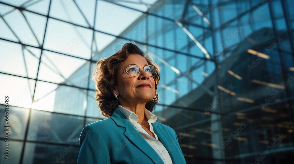 Fototapeta premium Portrait of a mid adult Mexican businesswoman in front of a modern corporate glass building