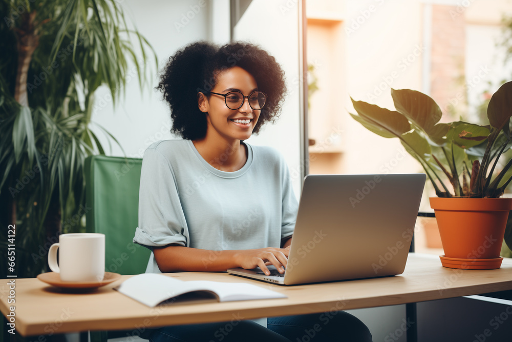 Business black woman in casual wear laptop while working on laptop at home office. Young woman freelancer online working, telecommuting. Business black woman in casual wear laptop while working on laptop at home office. Young woman freelancer online working, telecommuting.