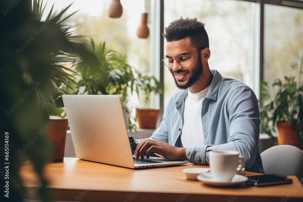 Fototapeta premium Business black man in casual wear laptop while working on laptop at home office. Young man freelancer online working, telecommuting.