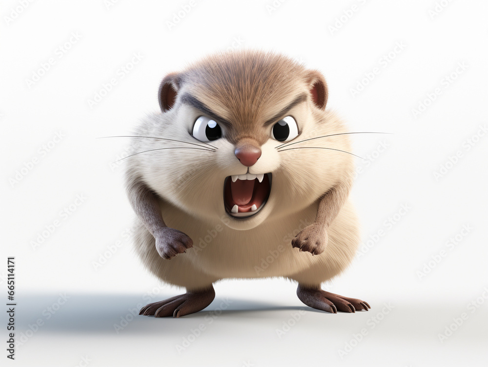 An Angry 3D Cartoon Lemming on a Solid Background