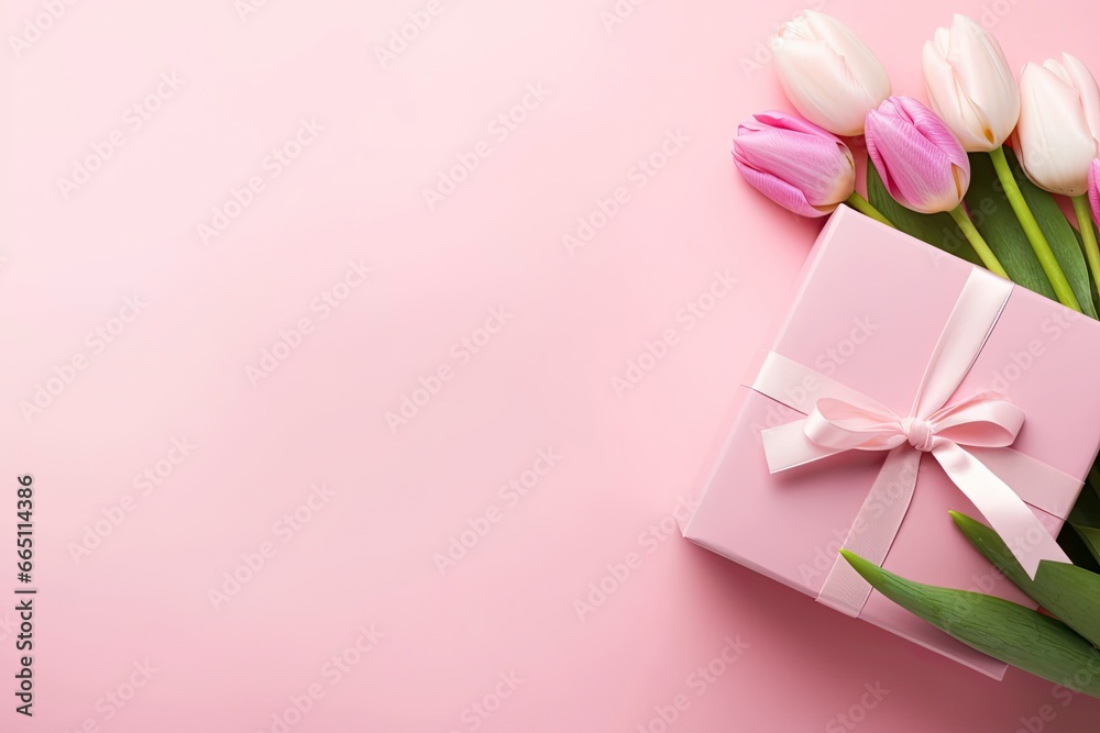 Pink gift box with ribbon bow and bouquet of tulips on isolated pastel pink background. Pink gift box with ribbon bow and bouquet of tulips on isolated pastel pink background.