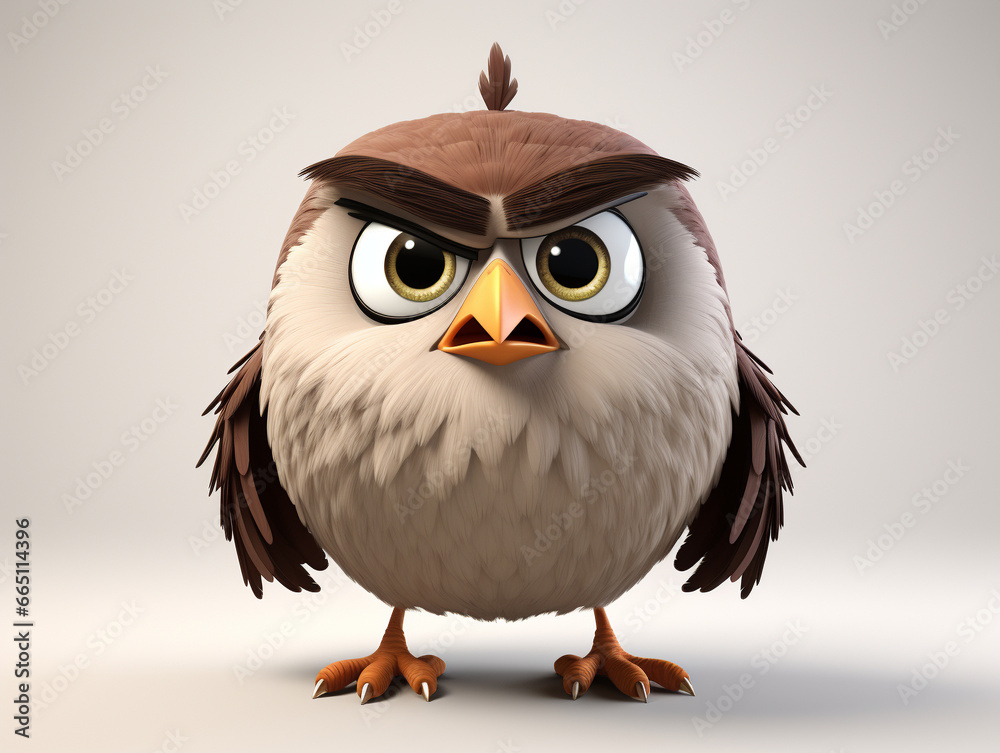 Naklejka premium An Angry 3D Cartoon Sparrow on a Solid Background