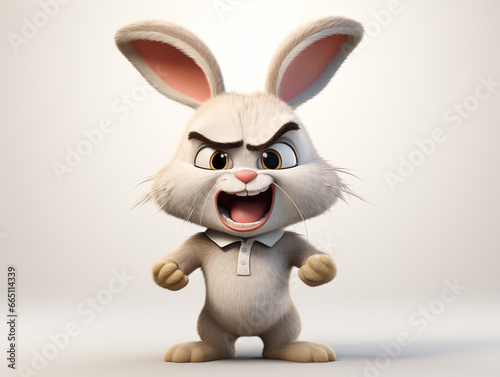 An Angry 3D Cartoon Rabbit on a Solid Background