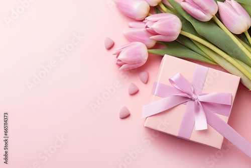 Mother's Day concept. Pink gift box with ribbon bow and a bouquet of tulips. © Emran