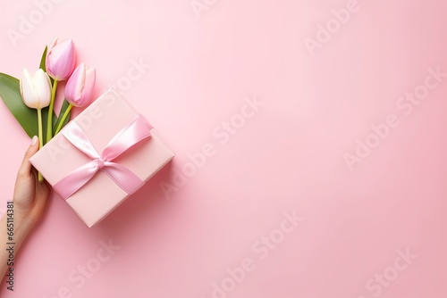 Pink gift box with ribbon bow and bouquet of tulips on isolated pastel pink background. © Emran