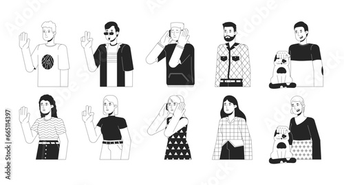 Caucasian young adult black and white 2D line cartoon characters set. European millennial isolated vector outline people. Peace sign, welcome, headphones monochromatic flat spot illustration bundle