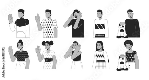 African american millennial black and white 2D line cartoon characters set. Black men, afro women isolated vector outline people. Hello, music enjoy monochromatic flat spot illustration bundle