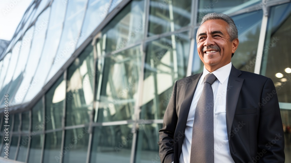 Portrait of a senior Mexican businessman in front of a modern corporate glass building