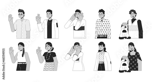 Happy indians south asians black and white 2D line cartoon characters set. Hindu traditional isolated vector outline people. Headphones, kitten stroking monochromatic flat spot illustration bundle