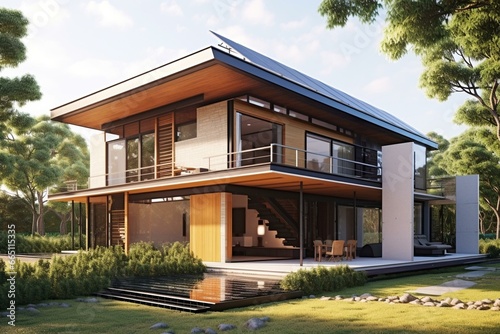 A stylish house with contemporary architecture featuring solar panels. Generative AI © Yvaine
