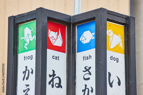 Top of colorful sign in Japantown with names for the cat and dog with frog and fish photo