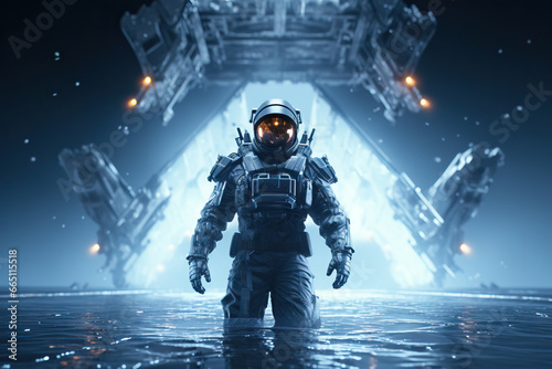 Generative AI image of astronaut amidst floating machinery