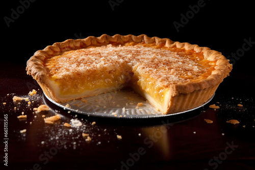 Food and still life concept. Delicious looking fresh fruit pie placed on dark wooden table. Dark background with copy space