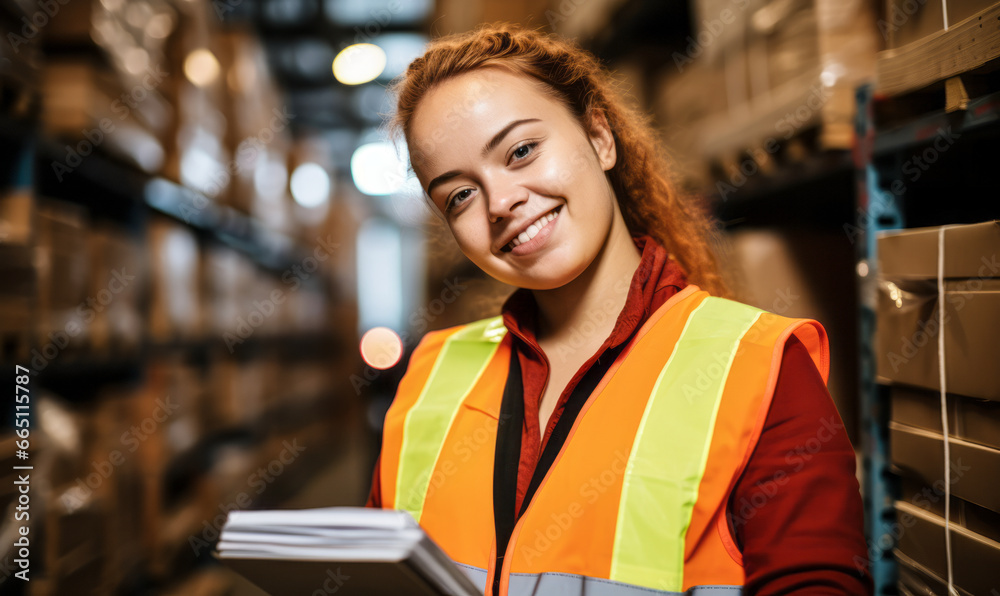 Portrait of a Disabled Young Woman Holding Clipboard in Industrial Warehouse Portrait of a Disabled Young Woman Holding Clipboard in Industrial Warehouse