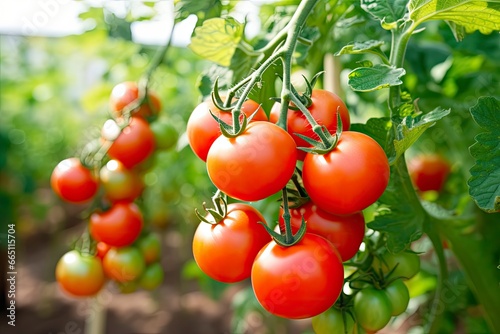 Fresh bunch of red natural tomatoes on a branch in vegetable garden.