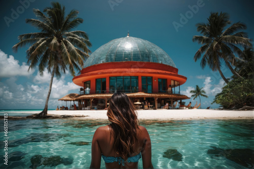 Generative AI illustration of woman partially submerged in clear turquoise waters gazes at a unique dome shaped building on a tropical beach photo