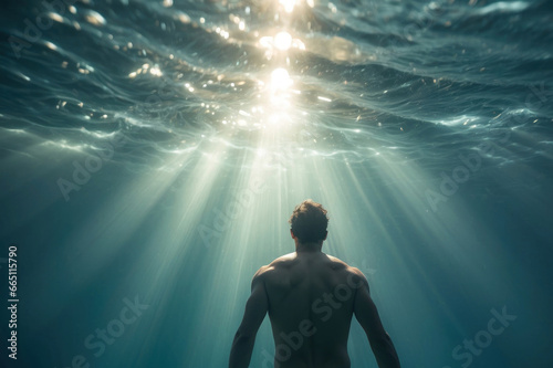 Generative AI illustration of man glides underwater, sunlight piercing through the surface, creating radiant beams around her photo