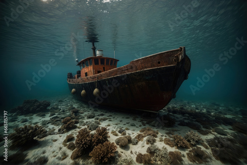 Generative AI illustration of abandoned wooden ship rests beneath the gentle waves surrounded by an ethereal underwater landscape of coral formations photo