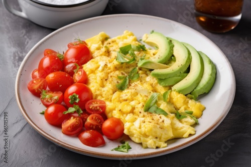 Scrambled eggs with cherry tomatoes and avocado.