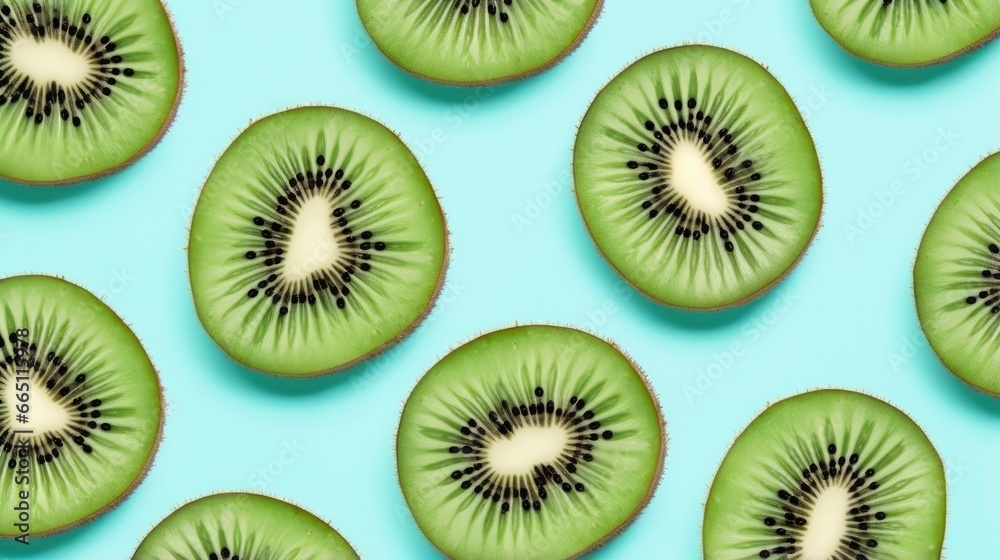Slices of kiwi fruit and green mint leaves on a light pastel blue background. Slices of kiwi fruit and green mint leaves on a light pastel blue background.
