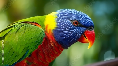 Side view Closeup of beautiful and colorful Lorikeet Green naped bird.