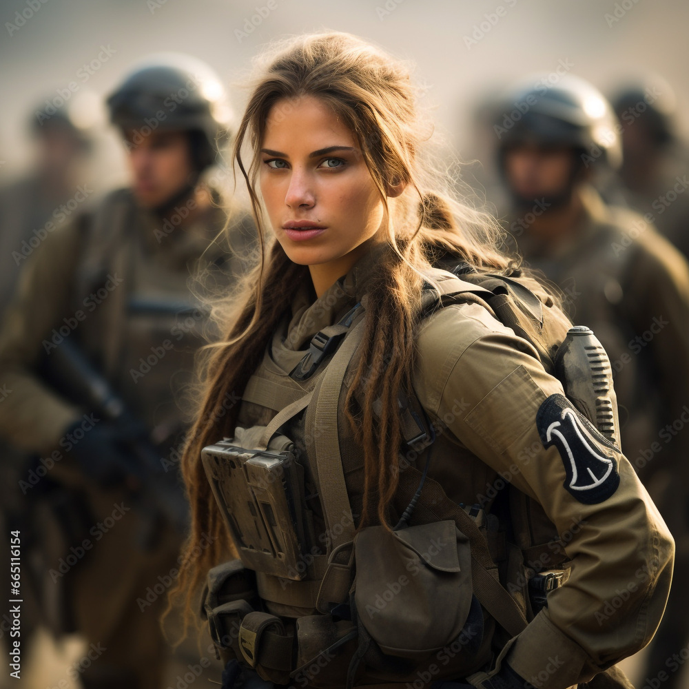 Israeli female soldiers in real female soldiers wearing full armor. Black background, war between Israel and Palestine.