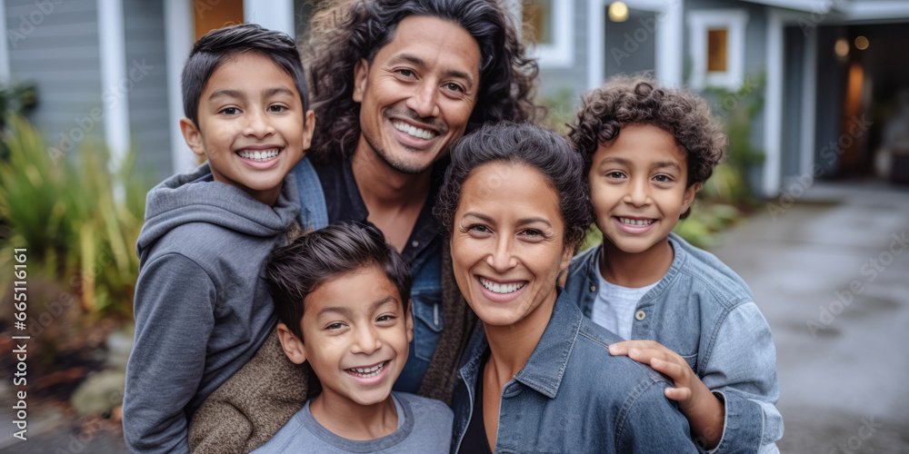 Portrait of Happy Family: Multi-Ethnic Parents and Kids by House Portrait of Happy Family: Multi-Ethnic Parents and Kids by House