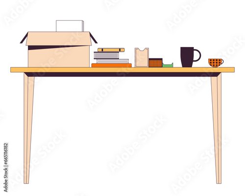 Personal belongings on table 2D linear cartoon object. Packing box with books, cups isolated line vector element white background. Place of work. Moving out preparations color flat spot illustration