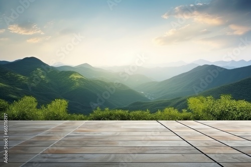 Square floor and green mountain nature landscape. #665116197
