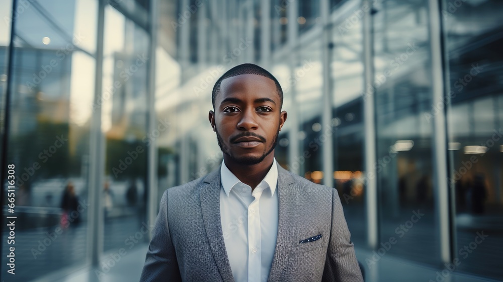 Portrait of a young African American businessman in front of a modern corporate glass building