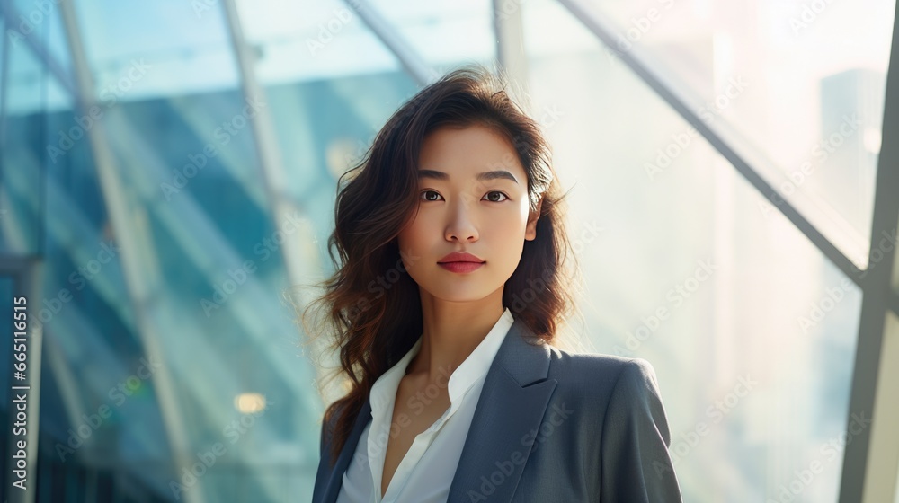 Portrait of a young Asian businesswoman in front of a modern corporate glass building Portrait of a young Asian businesswoman in front of a modern corporate glass building
